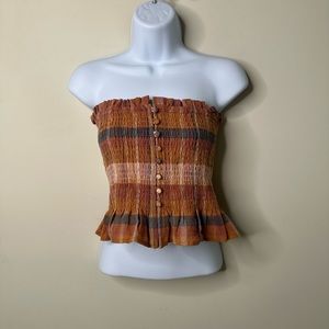 American Eagle Multicolor Plaid Sleeveless Smocked Crop Top Women's Small